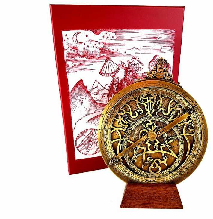 Hemisferium Ica Sl Žalvarinė astrolabija 20 cm – Renesanso replika, funkcionali, su mediniu stovu