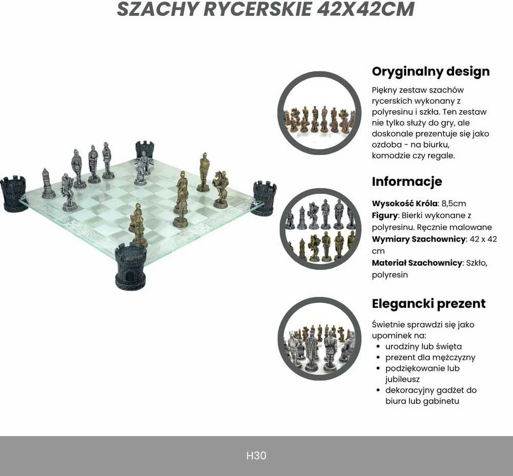 Mirtop Riterių šachmatų rinkinys 42×42 cm: stiklo lenta, rankomis dažytos figūros