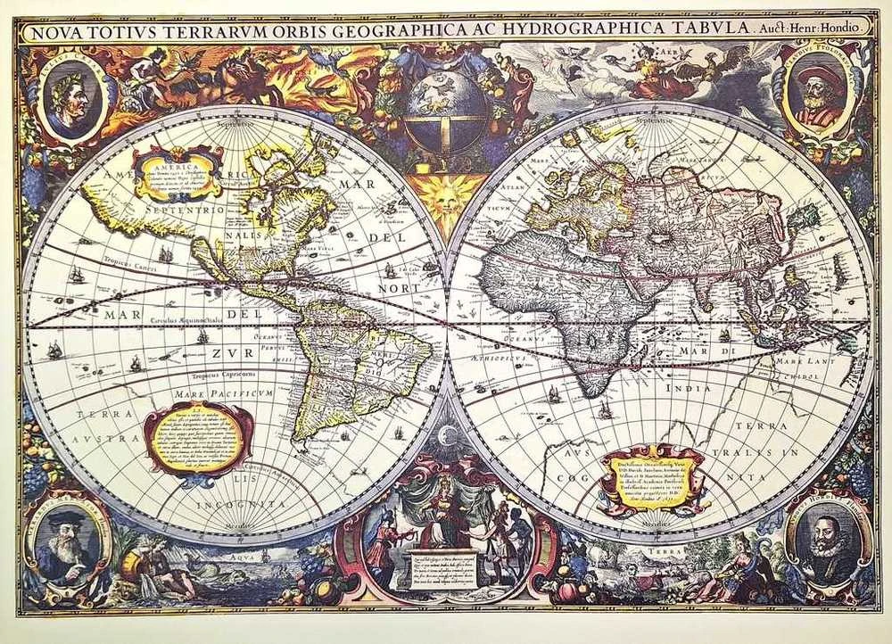 Hobilt Pasaulio žemėlapis (1630) – H. Hondius, istorinis atspaudas sienai