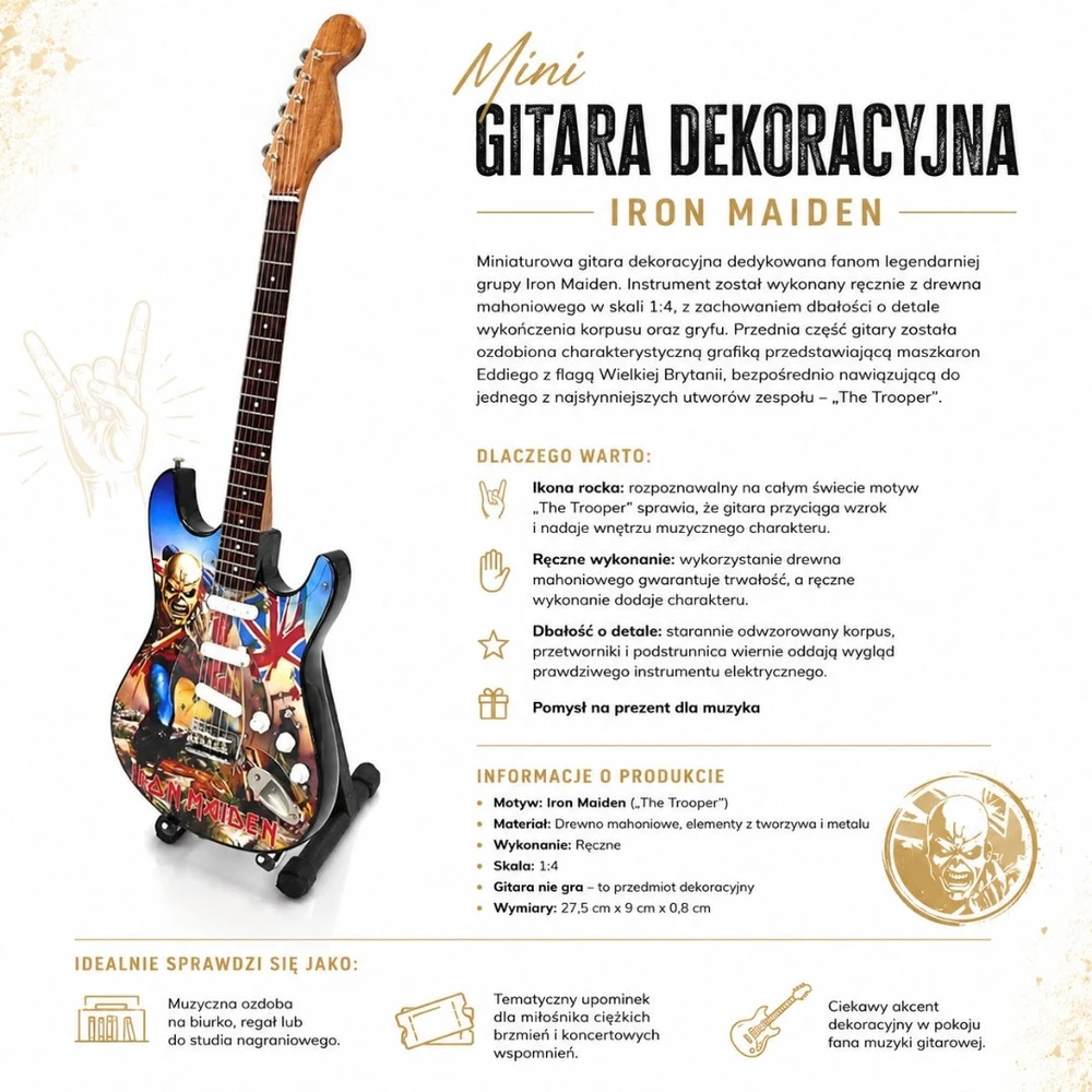 Indominiguitars Iron Maiden „The Trooper“ mini dekoratyvinė gitara 1:4, raudonmedis 27,5 cm