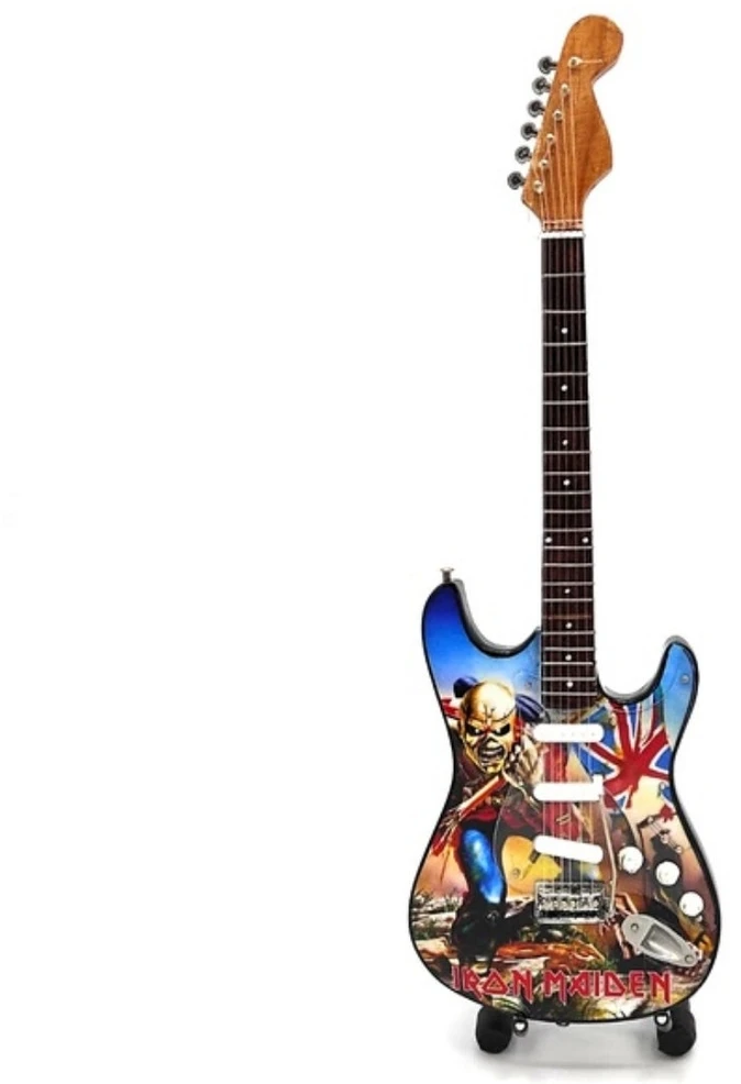 Indominiguitars Iron Maiden „The Trooper“ mini dekoratyvinė gitara 1:4, raudonmedis 27,5 cm
