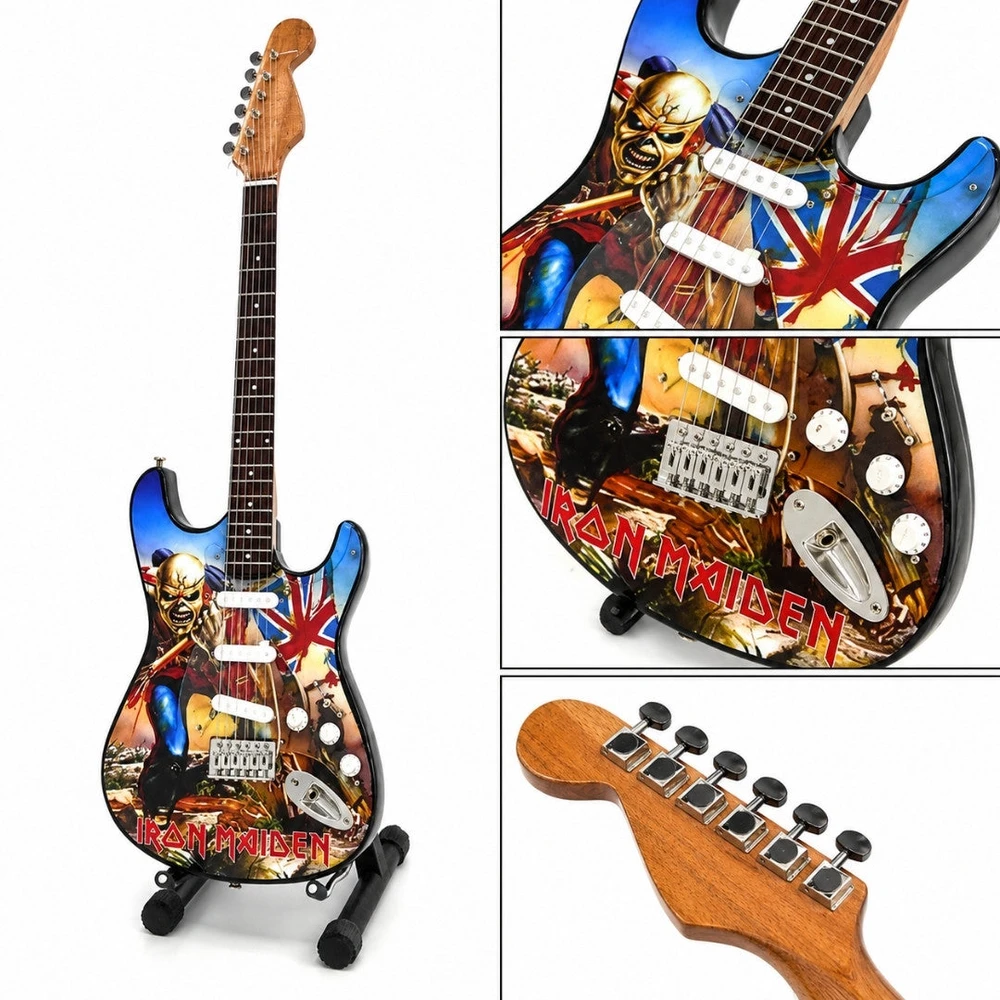 Indominiguitars Iron Maiden „The Trooper“ mini dekoratyvinė gitara 1:4, raudonmedis 27,5 cm