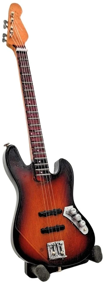 Indominiguitars Mini dekoratyvinė gitara 15 cm su stovu, Sunburst spalvos, 1:6 mastelis
