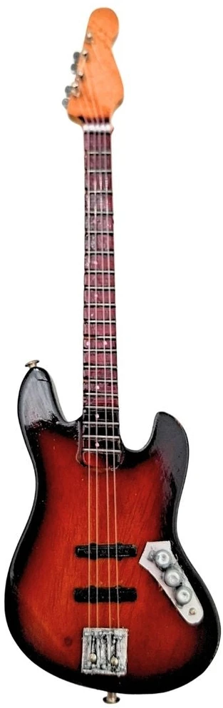Indominiguitars Mini dekoratyvinė gitara 15 cm su stovu, Sunburst spalvos, 1:6 mastelis