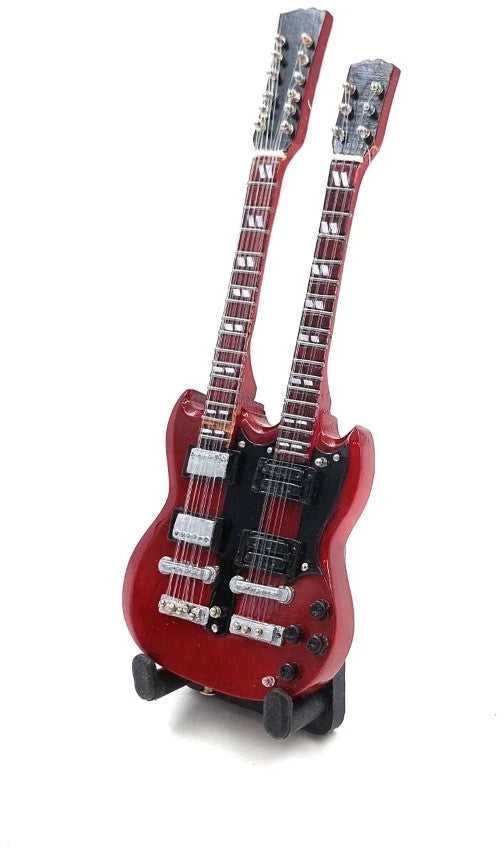 Indominiguitars Mini gitara 15 cm, raudonmedžio – Jimmy Page stilius, kolekcinė su stovu