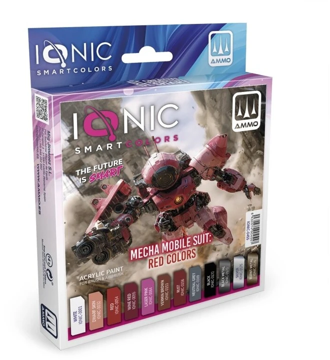 Ionic Smart Colors IONIC akrilinių dažų rinkinys mecha miniatiūroms – ryškūs raudoni tonai 12 vnt.