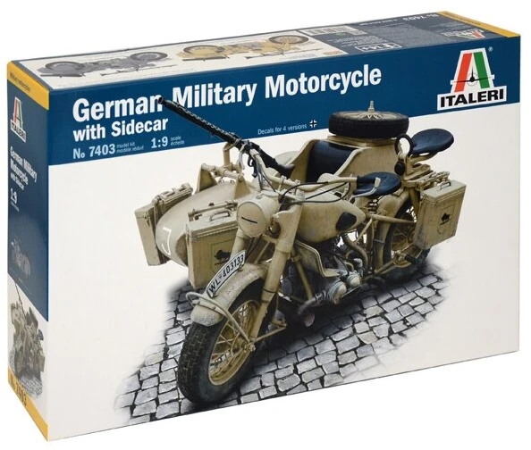 Italeri BMW R75 vokiečių karinis motociklas su lopšiu – 1:9 modelis 26,7 cm