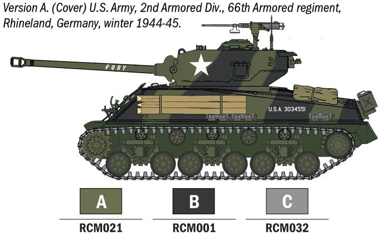 Italeri Sherman M4A3E8 „Fury“ tanko surinkimo rinkinys su dažais ir įrankiais 1/56