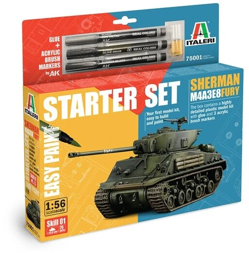 Italeri Sherman M4A3E8 „Fury“ tanko surinkimo rinkinys su dažais ir įrankiais 1/56