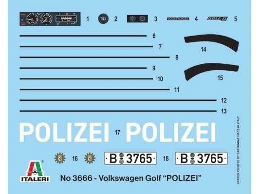 Italeri VW Golf Polizei 1/24 plastikinis policijos auto modelis