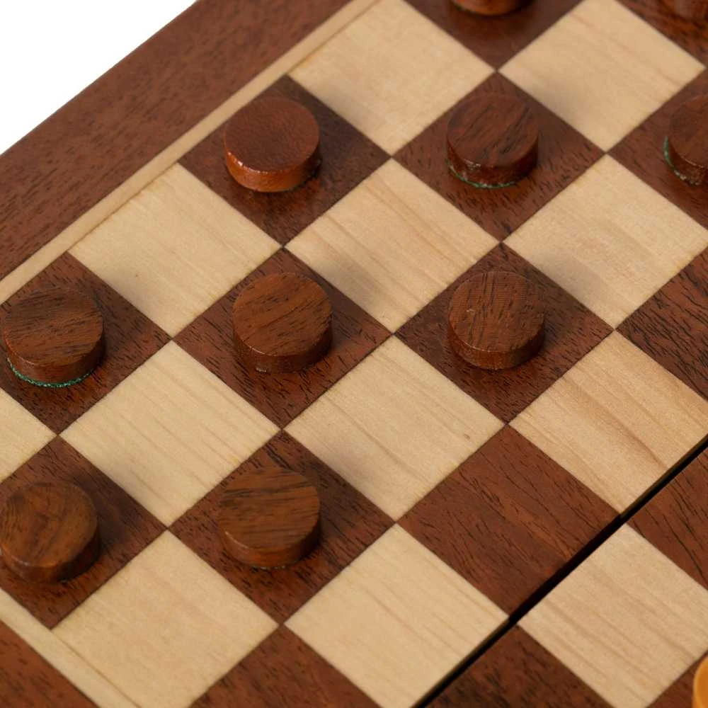 Italfama 19X19CM MAGNETINIAI Mediniai Šachmatai Su Perlenkiama Dėže + Šaškės