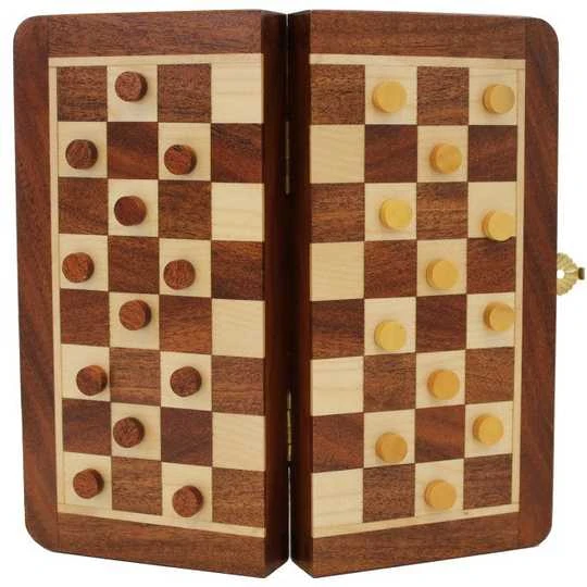 Italfama MAŽI MAGNETINIAI mediniai šachmatai + ŠAŠKĖS + NARDAI. 19x19cm., karalius: 3,3cm.