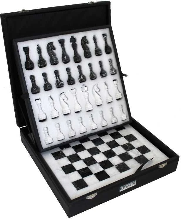 Italfama Balto ir juodo marmuro klasikinis šachmatų rinkinys su odine dėtuve