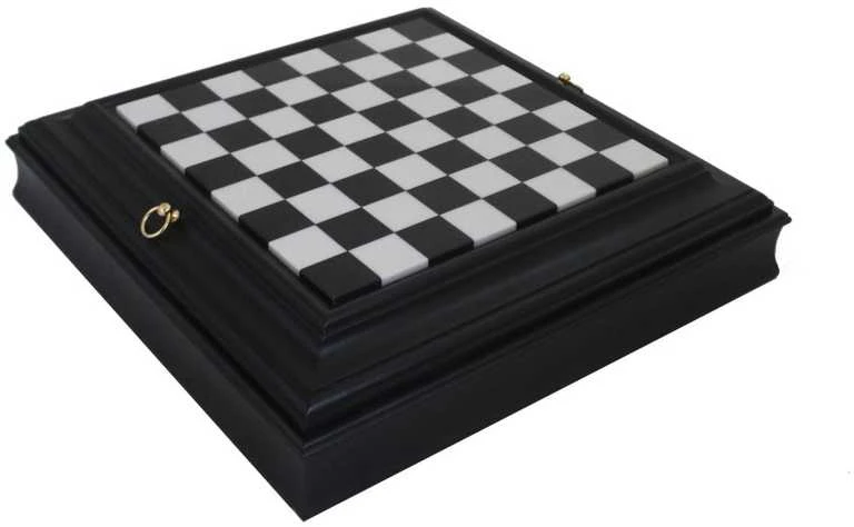 Italfama Juoda vertingos medienos šachmatų lenta su marmuro viršumi ir DĖTUVE. 37x37cm., kvadratas: 3,2cm.