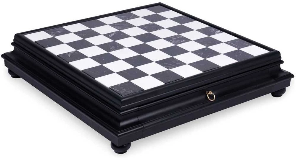 Italfama Prabangi didelė vertingos medienos šachmatų lenta su marmuro viršumi ir DĖTUVE. 60x60x12,5cm., kvadratas: 6,2cm.