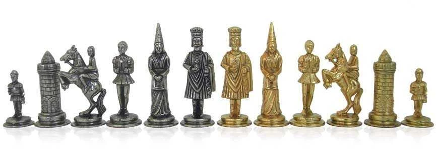 Italfama Prabangūs metaliniai šachmatai CAMELOT su medine žaidimo lenta ir dėtuve