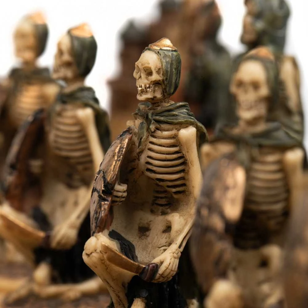 Italfama SKELETONAI: rankomis spalvinti šachmatai su prabangia žaidimo lenta