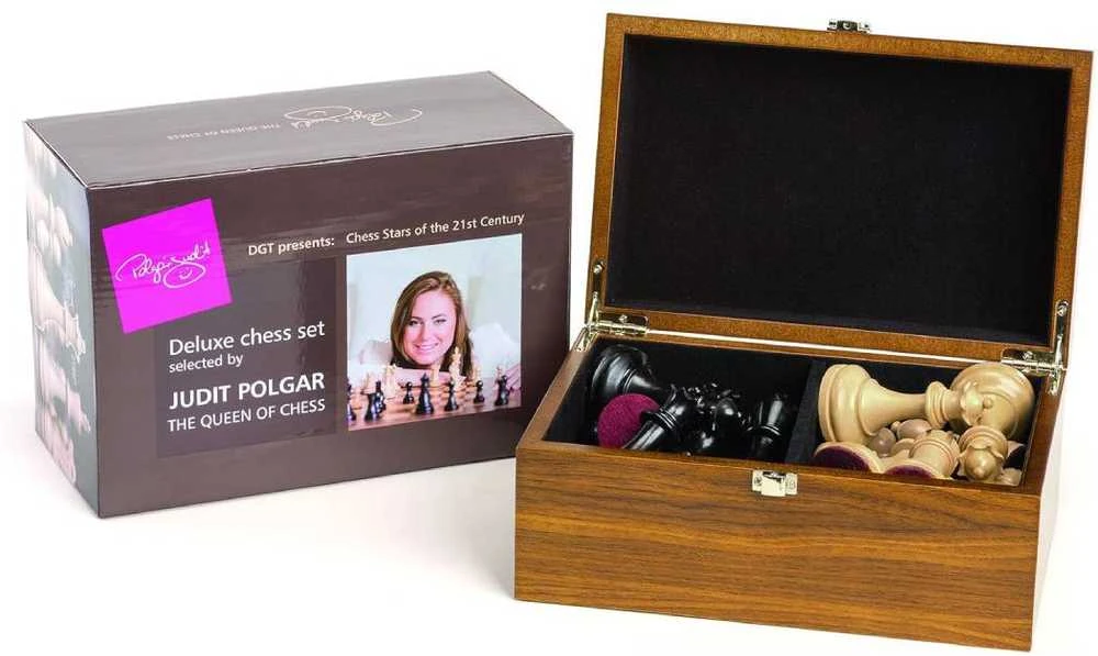 DGT Šachmatų Rinkinys - Judit Polgar Deluxe Medinis 32 Dalių su Dėžute 95mm Karalius