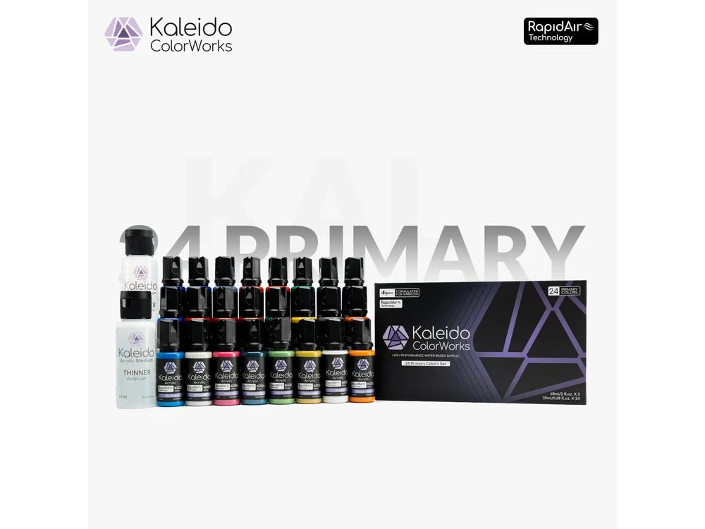 Kaleido ColorWorks RapidAir akrilinių dažų rinkinys, 24 pagrindinės spalvos