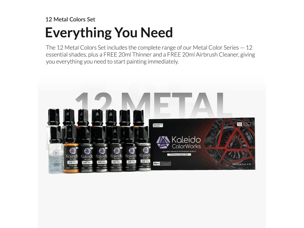 Kaleido ColorWorks RapidAir metaliniai akriliniai dažai, rinkinys 12 vnt
