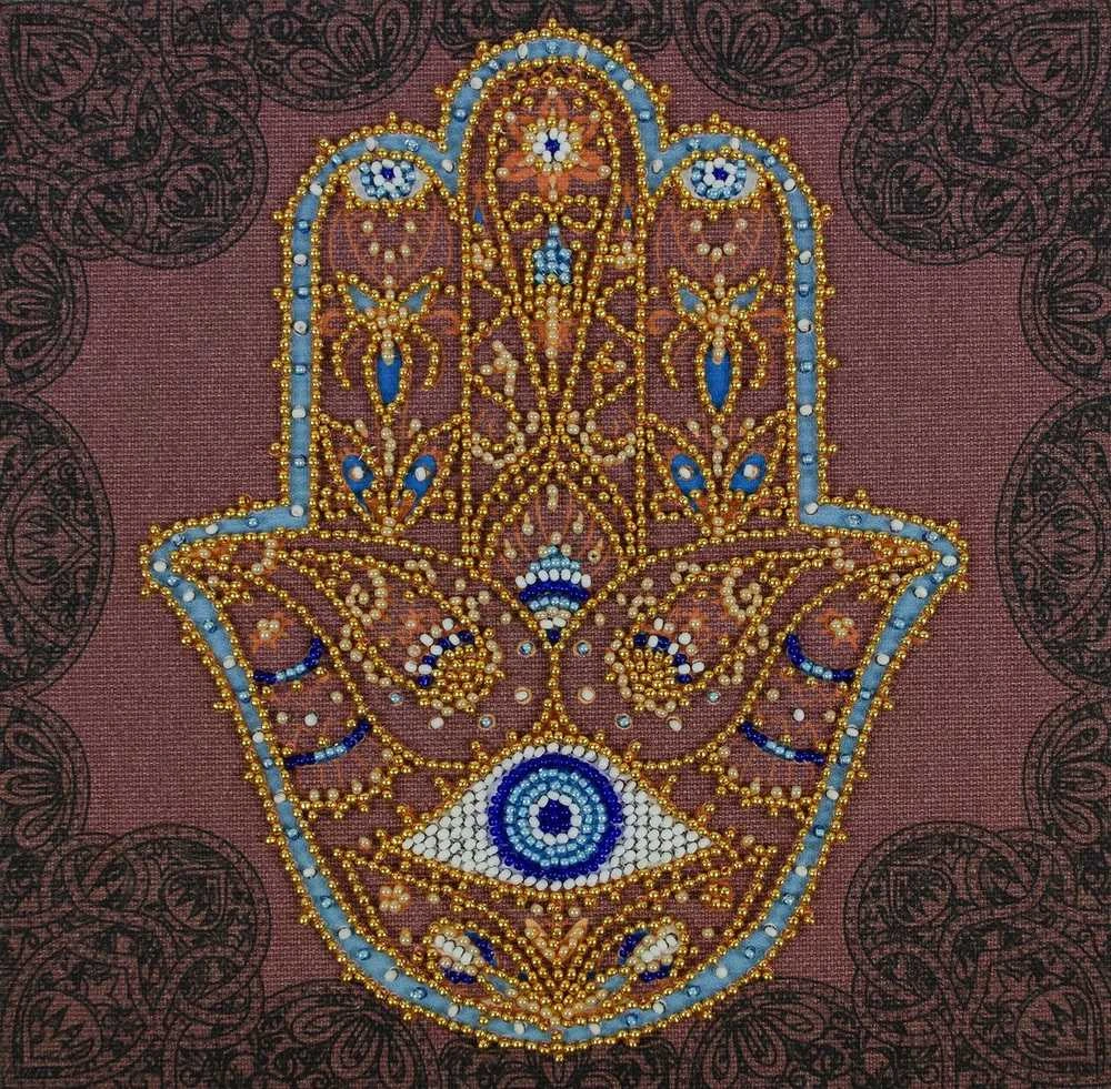 Karoliukų siuvinėjimo rinkinys „Auksinė Hamsa“ 20x20 cm Abris Art