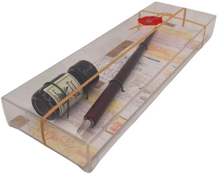 LA KALIGRAFICA S.A.S. DI FAUSTO RIELA & C. Elegantiškas kaligrafijos rinkinys: medinis plunksnakotis + juodas rašalas