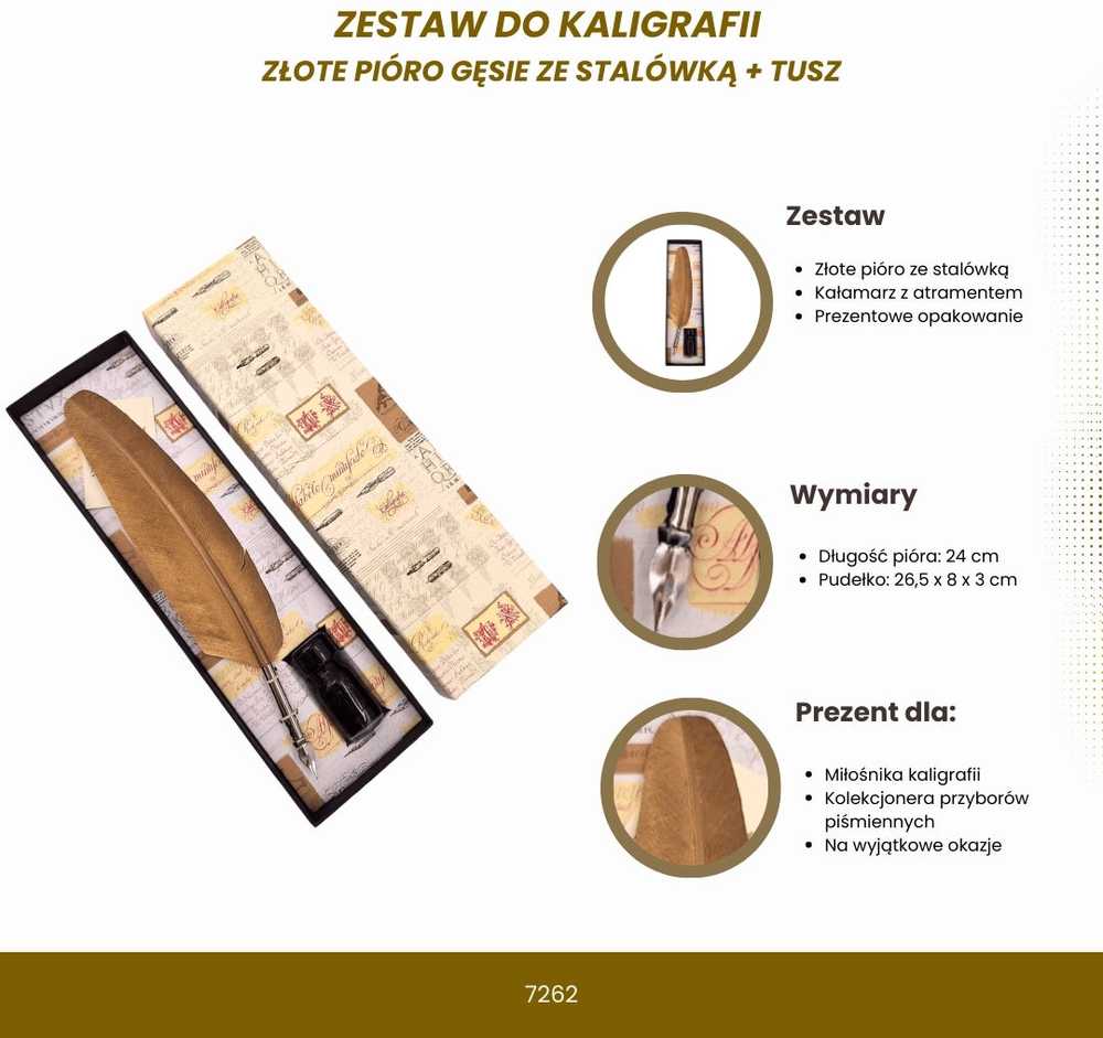 LA KALIGRAFICA S.A.S. DI FAUSTO RIELA & C. Auksinė kaligrafijos plunksna su antgaliu ir juodu rašalu – dovanų rinkinys
