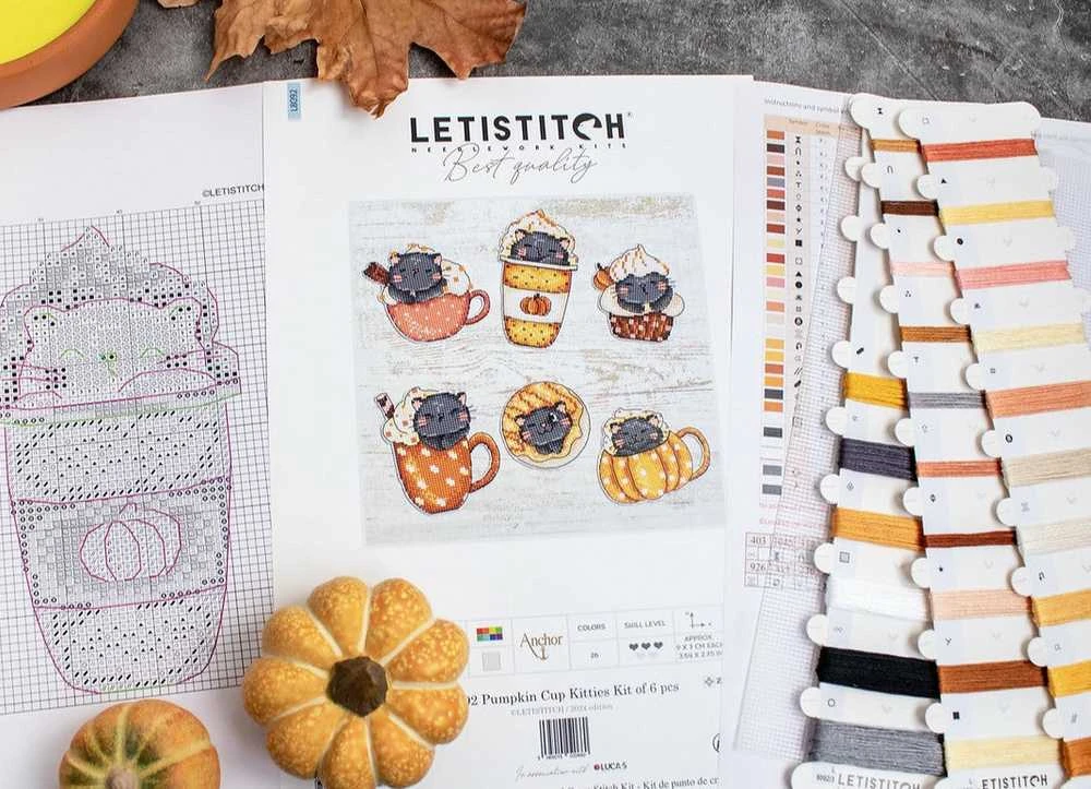 Letistitch Kryželiu siuvinėjimo rinkinys "Pumpkin Cup Kitties Kit of 6 pcs" 9x7cm SLETIL8092