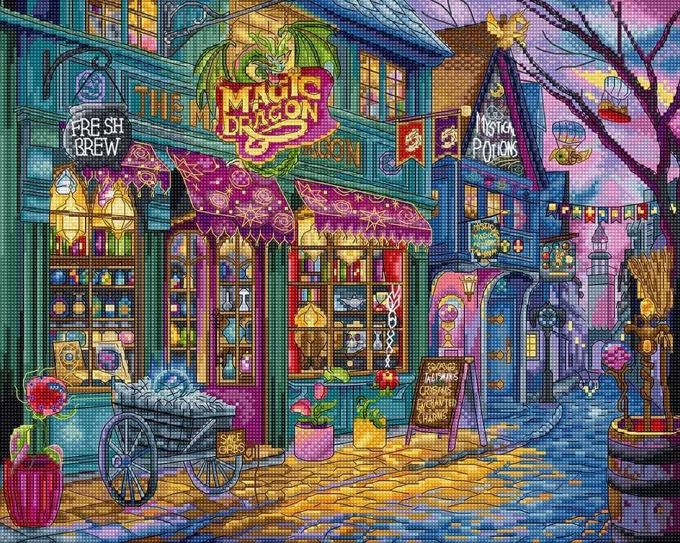 LetiStitch luca S Kryželiu siuvinėjimo rinkinys The Magic Dragon Shop 34x27cm SLETIL9914