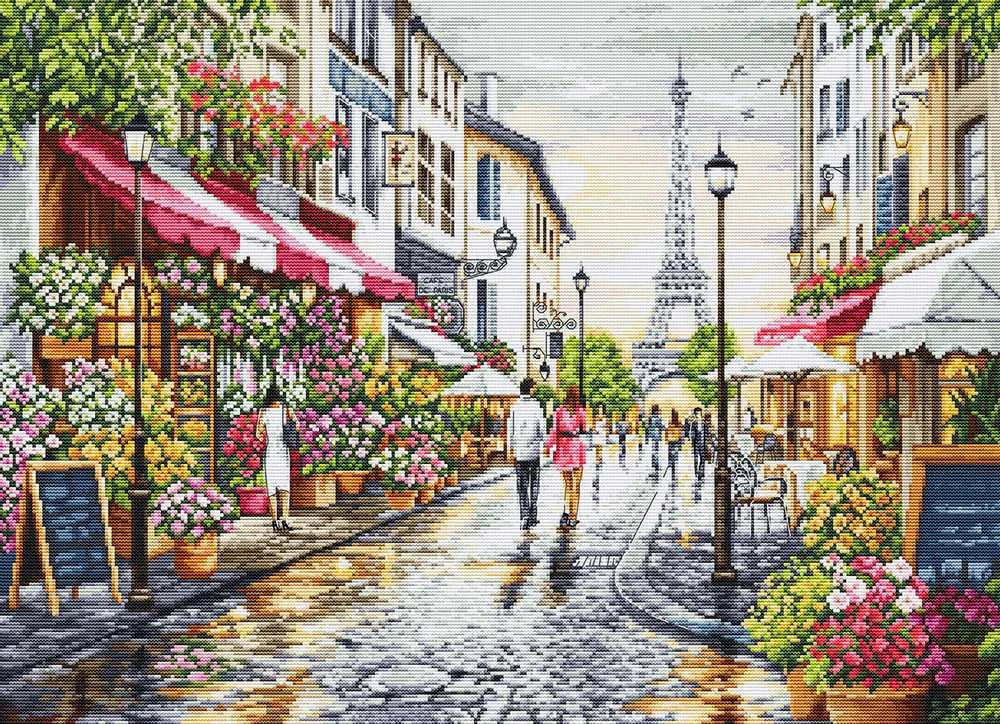 luca S Siuvinėjimo kryželiu rinkinys „Paryžiaus gėlių krautuvėlė“ 48×35 cm