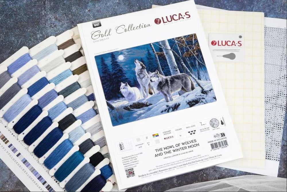 luca S Siuvinėjimo kryželiu rinkinys „Vilko staugimas prie žiemos mėnulio“ 52x35 SG727