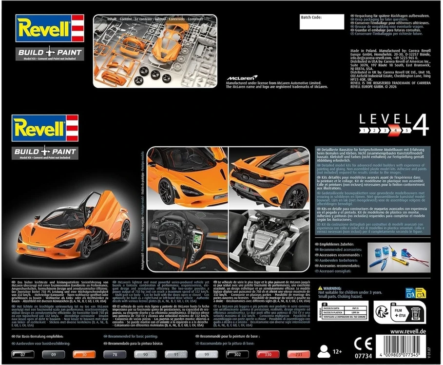 McLaren 750S plastikinis surenkamas modelis 1:24 su lipdukais Revell
