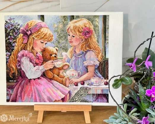 Merejka Skaičiuojamas kryželių siuvinėjimo rinkinys "Arbatos vakarėlis" 31x37 SK242