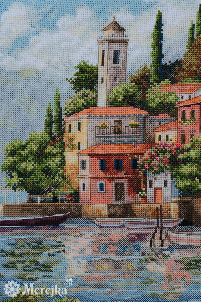 Merejka Pajūrio sodai – kryželiu siuvinėjimo rinkinys Aida 16, DMC, 31x40 cm