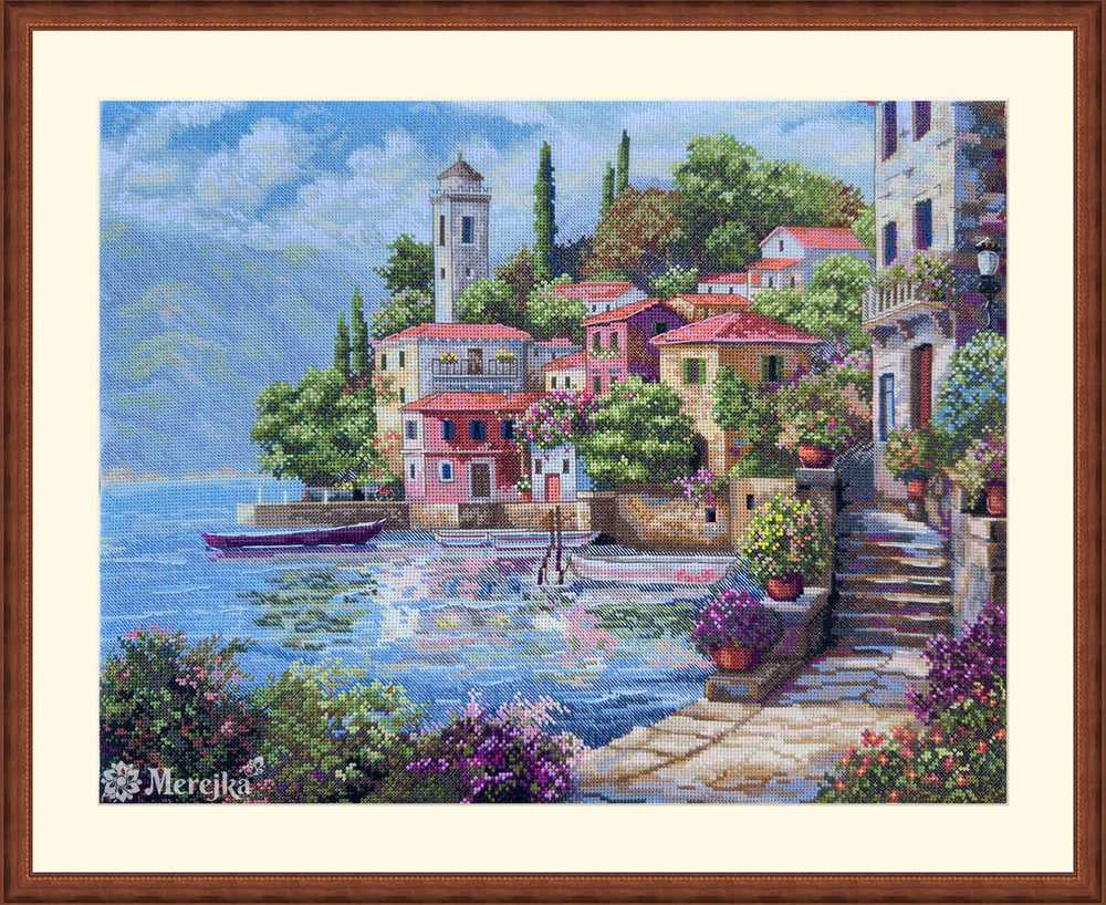 Merejka Pajūrio sodai – kryželiu siuvinėjimo rinkinys Aida 16, DMC, 31x40 cm