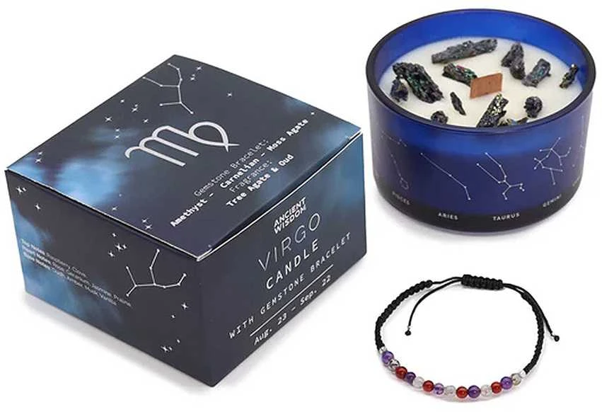 Mergelės Zodiako kristalų žvakė su apyranke ir oudo aromatu – Ancient Wisdom