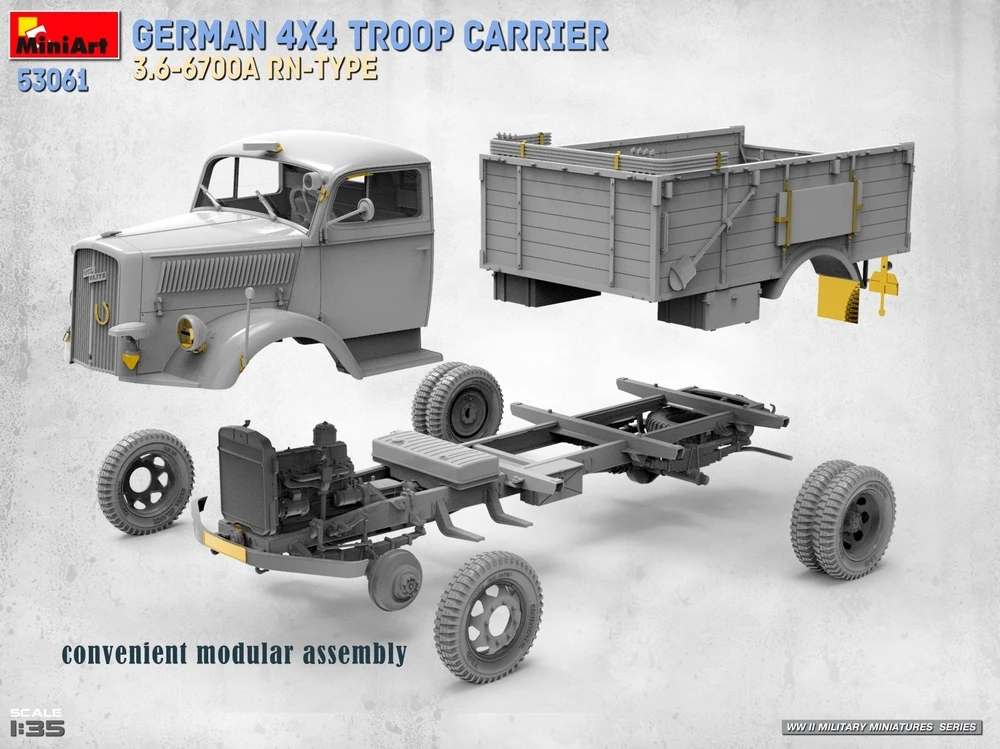 MiniArt vokiečių 4x4 karių transporteris 3.6-6700A RN-Type, modelis 1/35, 53061