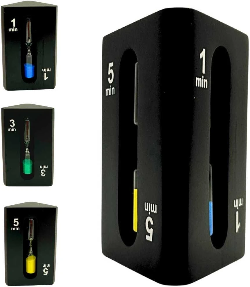 Mirtop 3-in-1 smėlio laikmatis 1–3–5 min, juodas MDF kubas, modernus interjerui