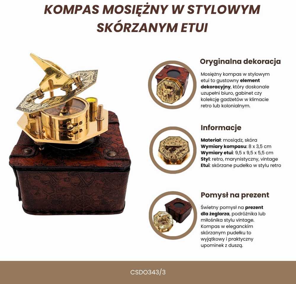 Mirtop Vintažinis žalvarinis kompasas odiniame dėkle – elegantiška dovana keliautojams