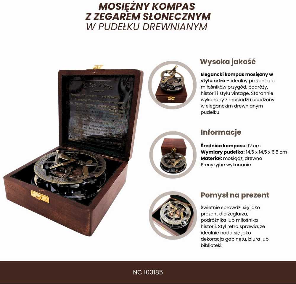 Mirtop Žalvarinis kompasas su saulės laikrodžiu medinėje dėžutėje, retro dovana