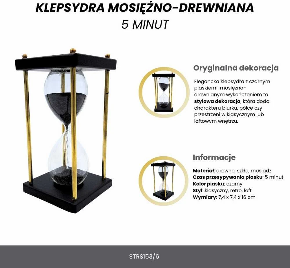 Mirtop Žalvario ir medžio smėlio laikrodis 5 min su juodu smėliu – klasikinis