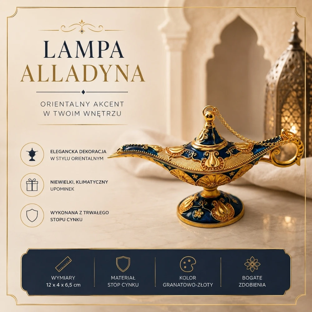 Mirtop Dekoratyvinė Aladino lempa iš metalo – tamsiai mėlyna su auksu, 12 cm