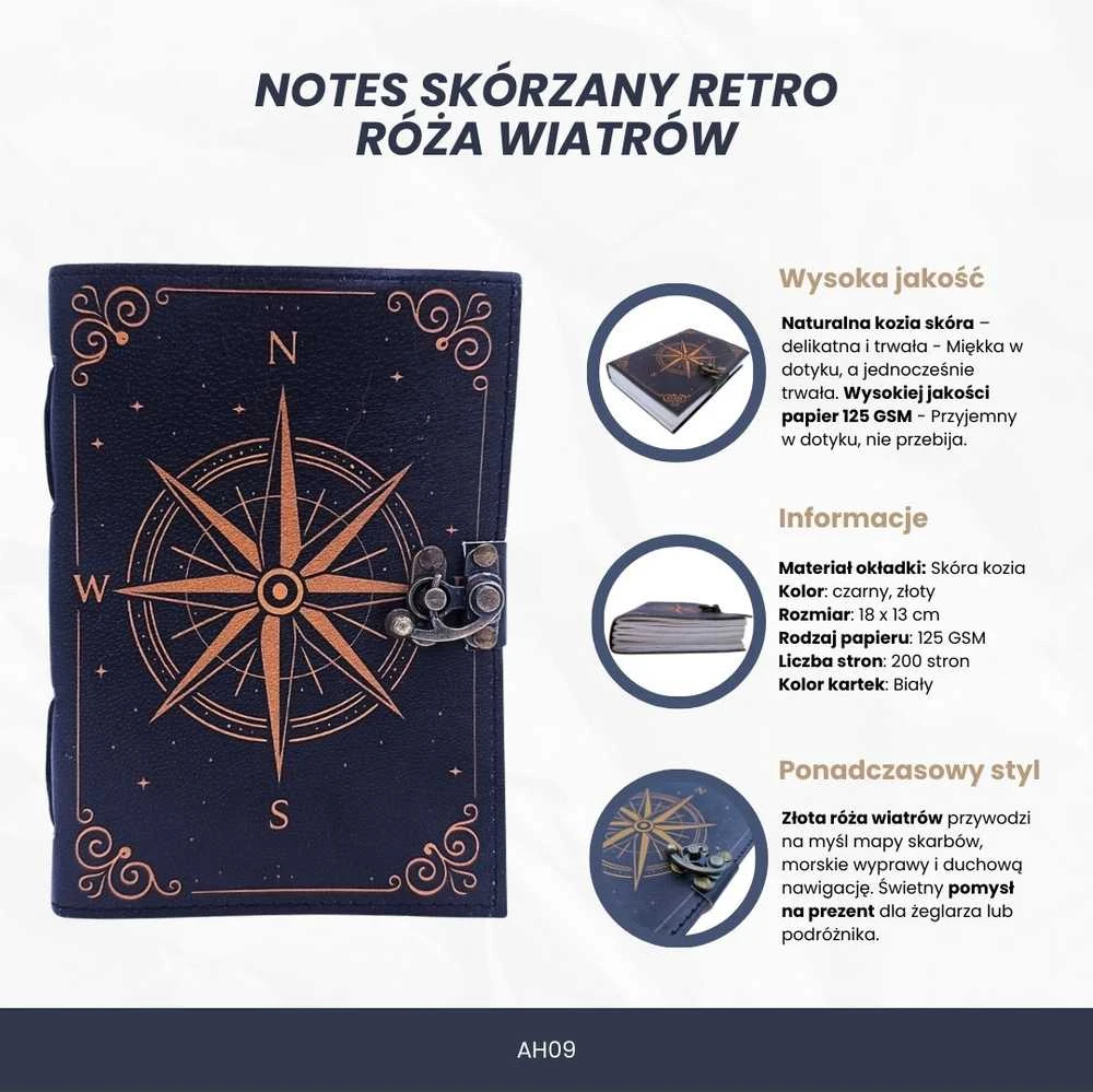 Mirtop Odinė užrašų knygutė „Auksinė vėjų rožė“, tamsiai mėlyna, retro
