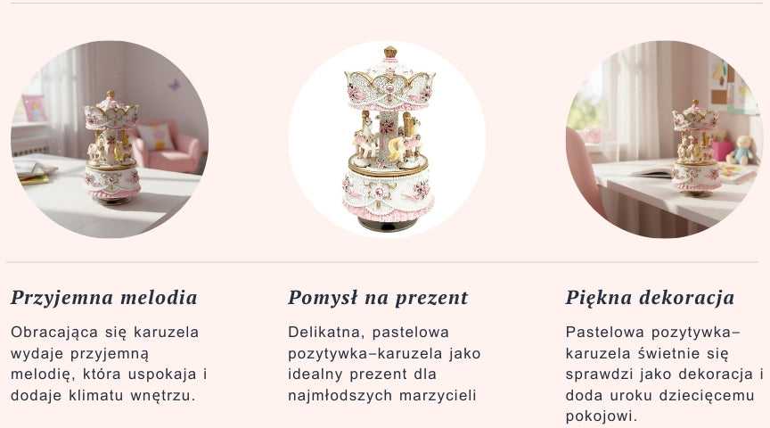 Mirtop Muzikinė dėžutė karuselė su žirgeliais – pastelinė rožinė, Dangaus pilis