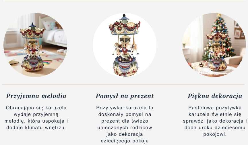 Mirtop Muzikinė karuselė 18 cm su besisukančiais žirgeliais, Kalėdų melodija