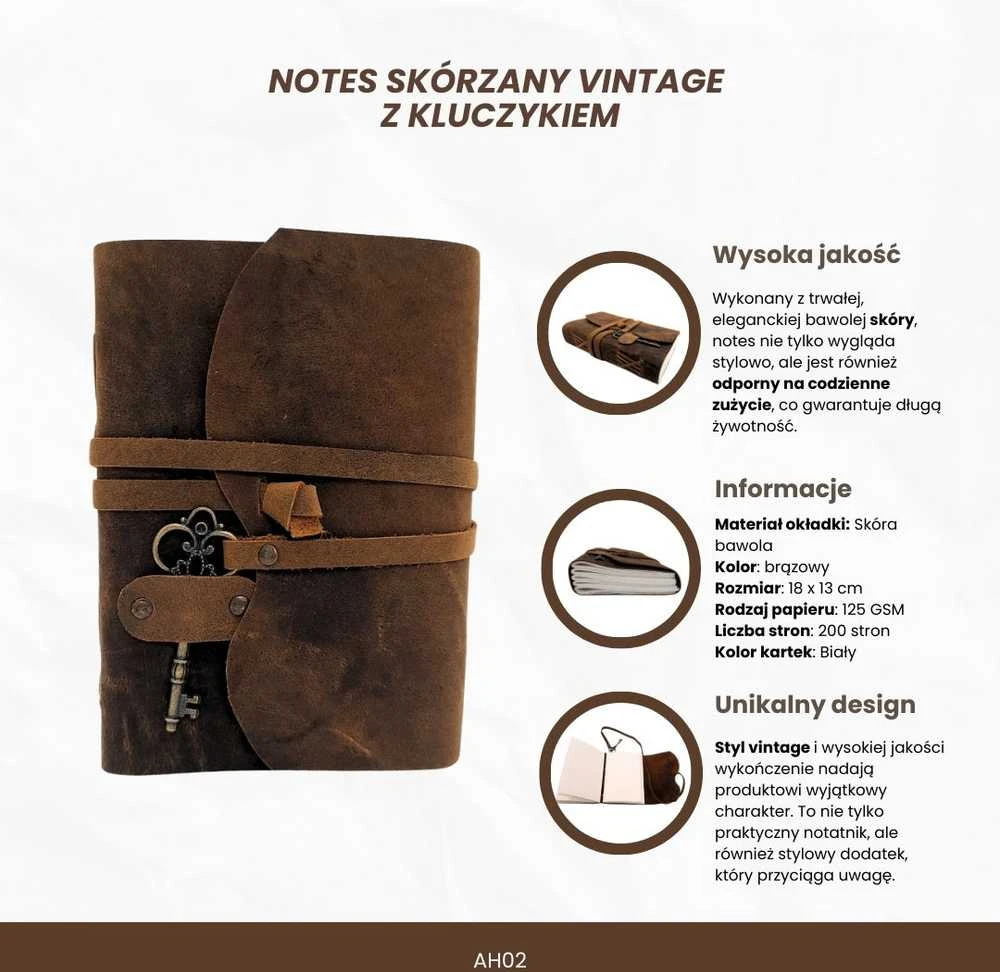 Mirtop Odinė retro užrašų knygelė su raktu ir dirželiu 18x13, 200 psl.