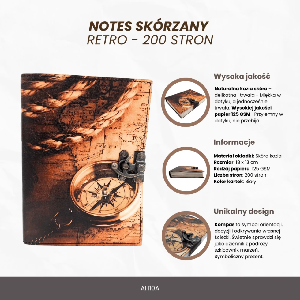 Mirtop Odinis kelionių užrašų sąsiuvinis su kompasu, retro stiliaus, 200 psl.