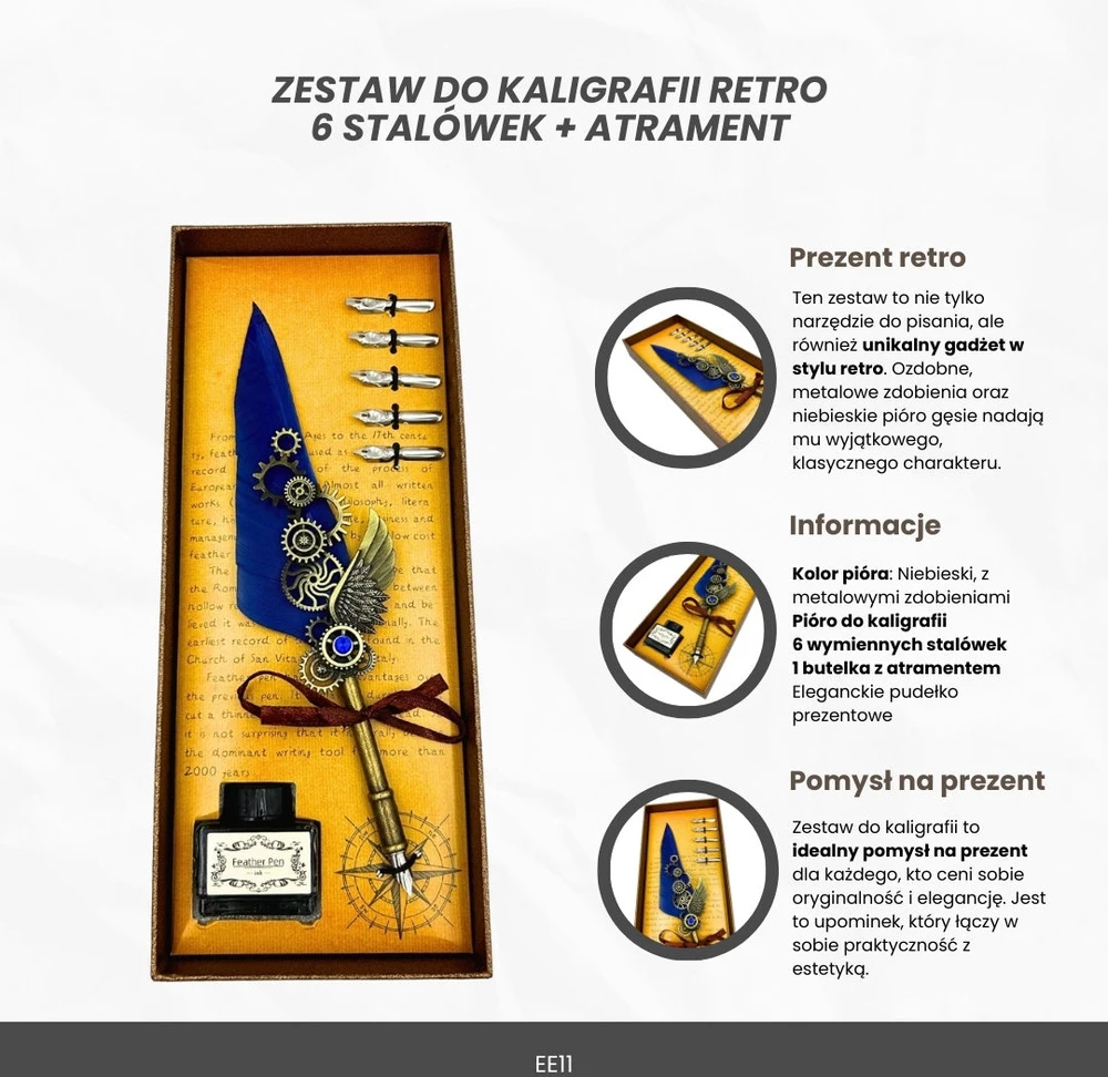 Mirtop Prabangus retro kaligrafijos rinkinys su mėlyna žąsies plunksna