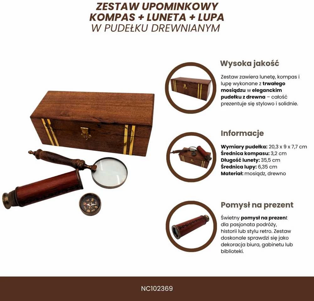Mirtop Vintažinis keliautojo rinkinys: kompasas, teleskopas, lupa medinėje dėžutėje