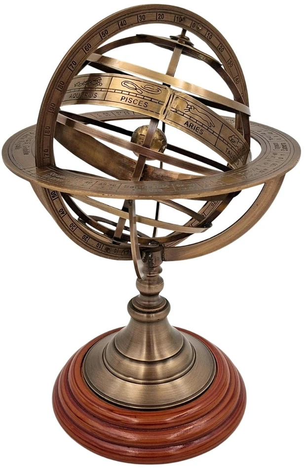 Mirtop Žalvarinė armiliarinė sfera-astrolabija ant medinio pagrindo, 28 cm